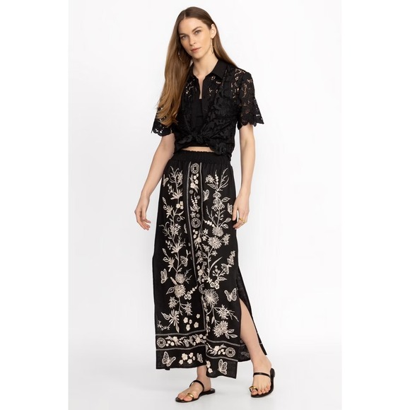 Johnny Was Dresses & Skirts - Johnny Was Embroidered Linen Maxi Skirt Black Floral Butterfly Smocked Waist M